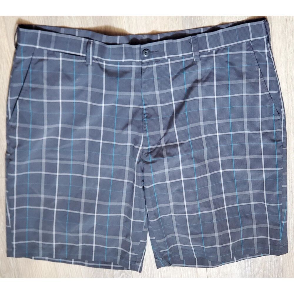 PGA Tour Shorts Men's 40 Charcoal Grey, Silver & Teal Plaid Polyester Wicking